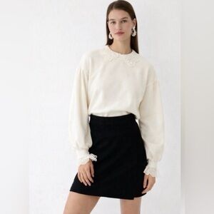 Lace-collar crewneck sweatshirt Ivory Off-white 100% Cotton XS GUC